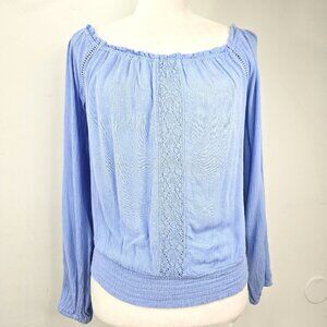 AEROPOSTALE Baby Blue Boho Off Shoulder Long Sleeve Smocked Gauzy Top